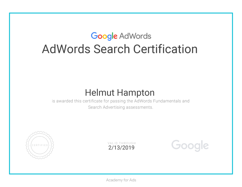 Google AdWords Search Certificate awarded to Helmut Hampton