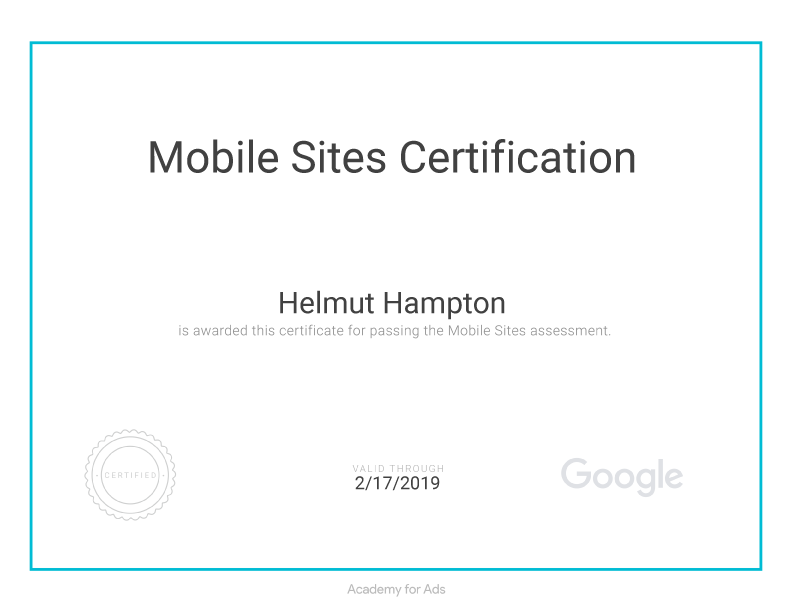 Google Mobile Sites Certificate awarded to Helmut Hampton