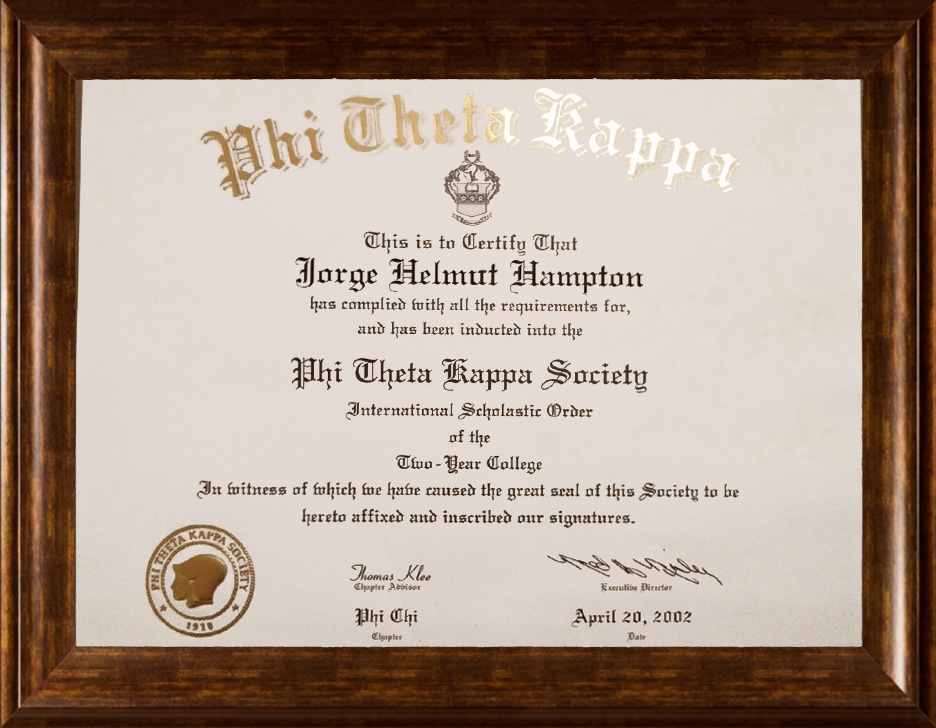 Helmut Hampton Phi Theta Kappa National Honors Society Certificate